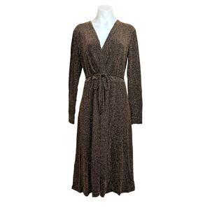 Who What Wear Metallic Glitter V-Neck Gold Wrap Tie Midi Long Sleeve Dress Sz M